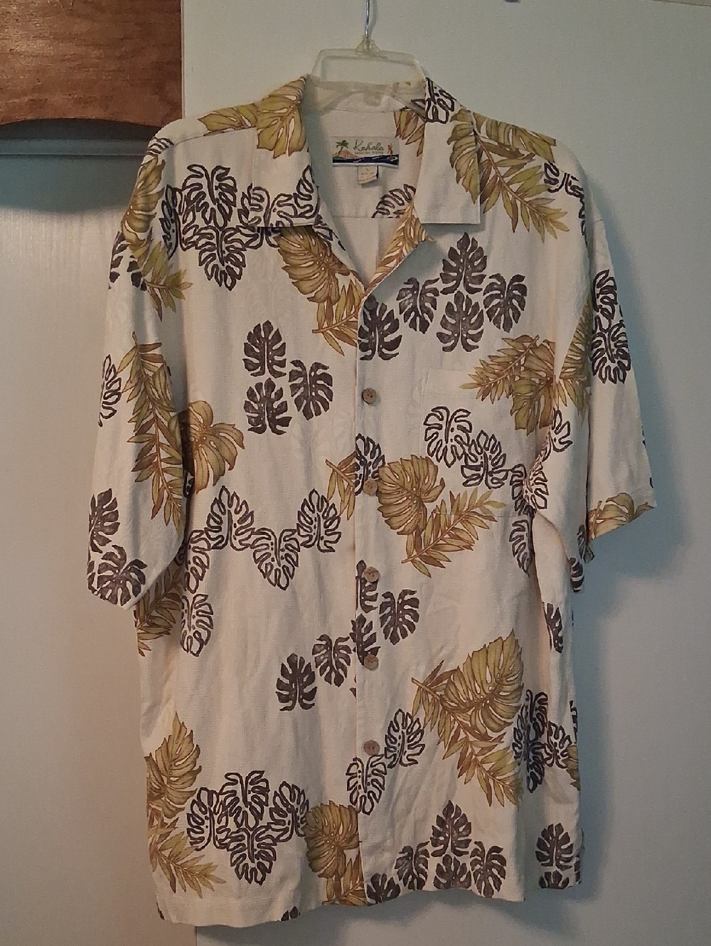 Kahala Cream Short-Sleeve Tropical Leaf Silk Hawaiian Shirt